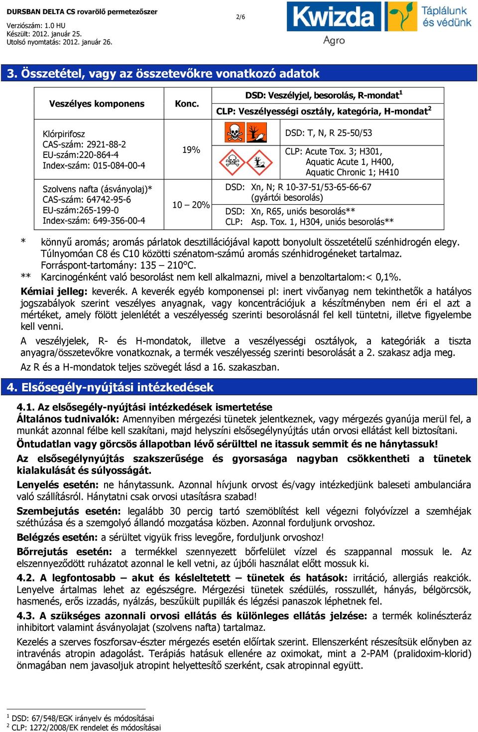 EU-szám:265-199-0 Index-szám: 649-356-00-4 Konc. 19% 10 20% DSD: Veszélyjel, besorolás, R-mondat 1 CLP: Veszélyességi osztály, kategória, H-mondat 2 DSD: T, N, R 25-50/53 CLP: Acute Tox.