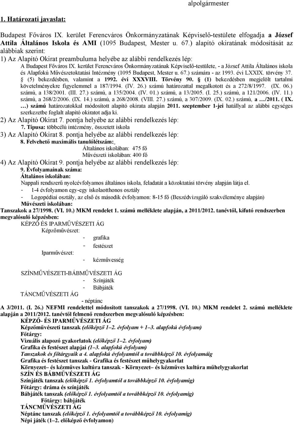 kerület Ferencváros Önkormányzatának Képviselőtestülete, a József Attila Általános iskola és Alapfokú Művészetoktatási Intézmény (1095 Budapest, Mester u. 67.) számára az 1993. évi LXXIX. törvény 37.