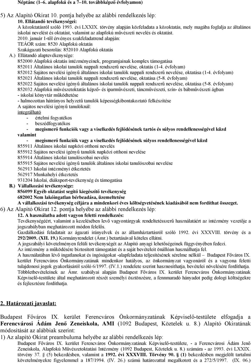 január 1től érvényes szakfeladatrend alapján: TEÁOR szám: 8520 Alapfokú oktatás Szakágazati besorolás: 852010 Alapfokú oktatás A.