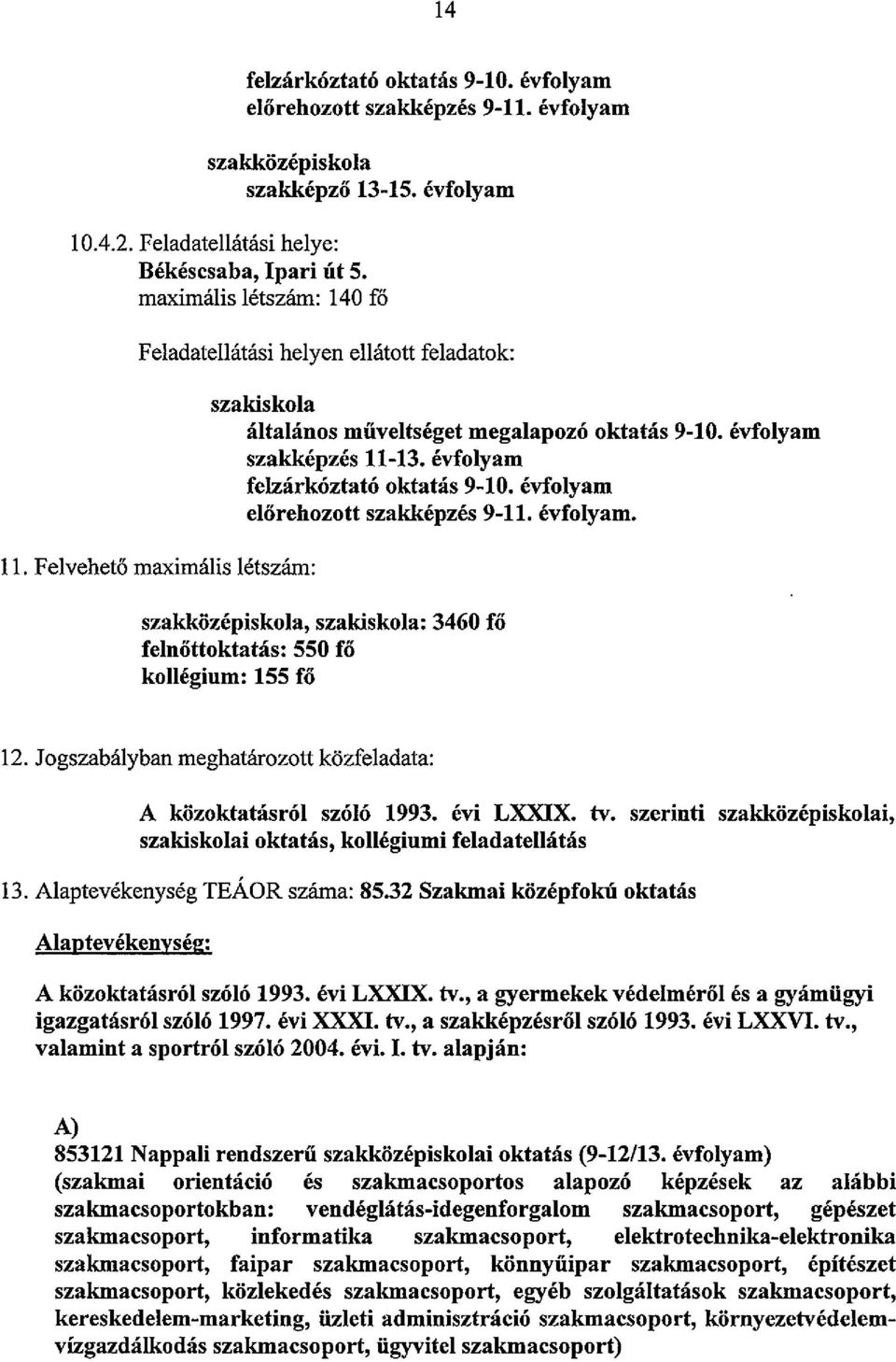 évfolyam fe1zárkóztató oktatás 9-10. évfolyam előrehozott szakképzés 9-11. évfolyam. szakközépiskola, szakiskola: 3460 fő felnőttoktatás: 550 fő kollégium: 155 fő 12.