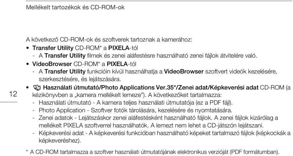 Y Használati útmutató/photo Applications Ver.35*/Zenei adat/képkeverési adat CD-ROM (a kézikönyvben a kamera mellékelt lemeze ).