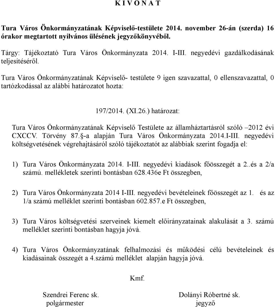 26.) határozat: Tura Város Önkormányzatának Képviselő Testülete az államháztartásról szóló 2012 évi CXCCV. Törvény 87. -a alapján Tura Város Önkormányzata 2014.I-III.