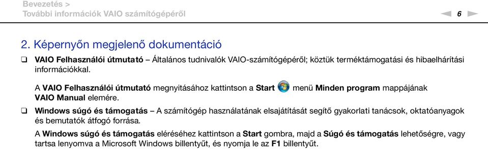 A VAIO Felhasználói útmutató megnyitásához kattintson a Start VAIO Manual elemére.
