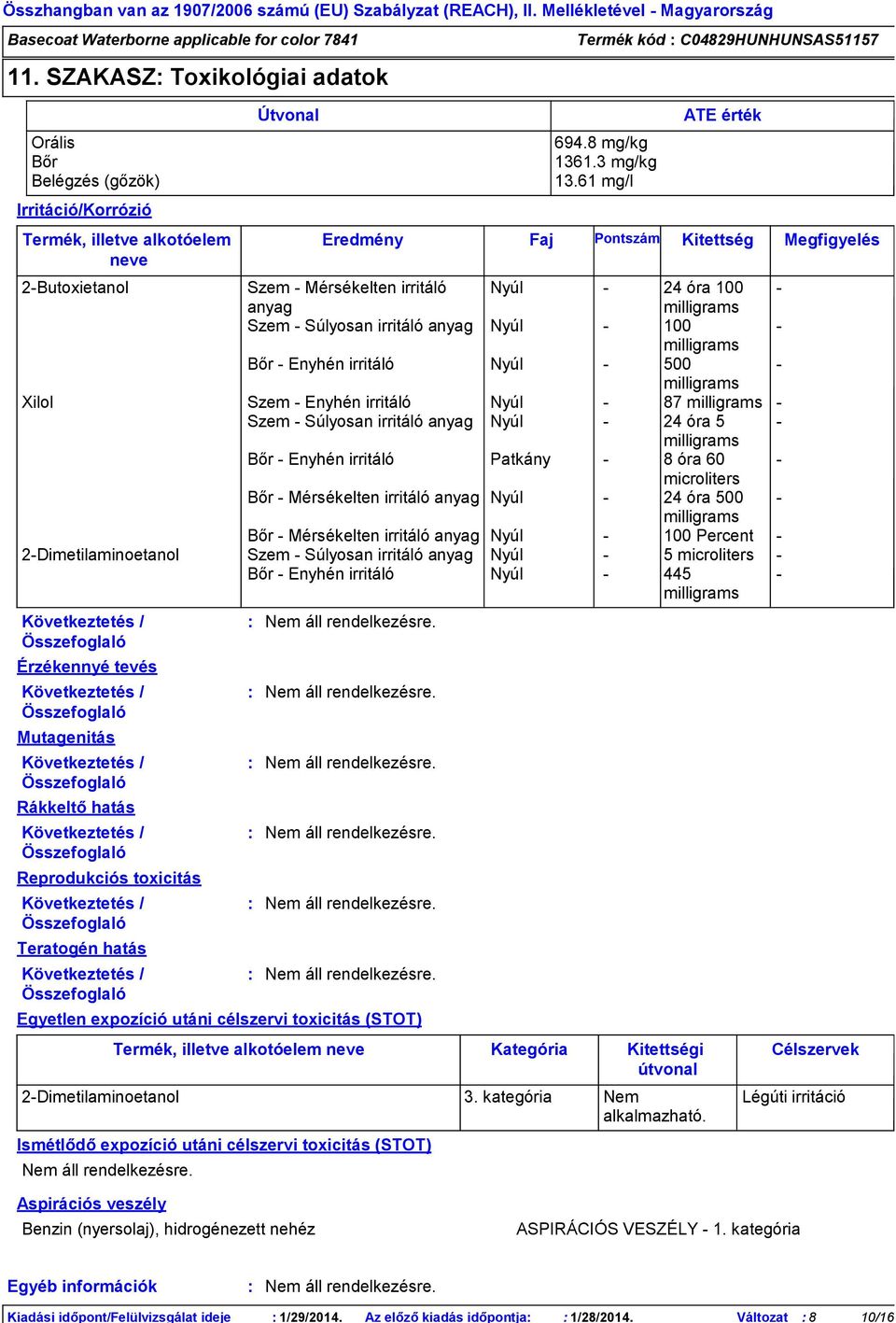 Reprodukciós toxicitás Következtetés / Összefoglaló Teratogén hatás Következtetés / Összefoglaló Termék kód C04829HUNHUNSAS51157 Eredmény Faj Pontszám Kitettség Megfigyelés 2-Butoxietanol Szem -