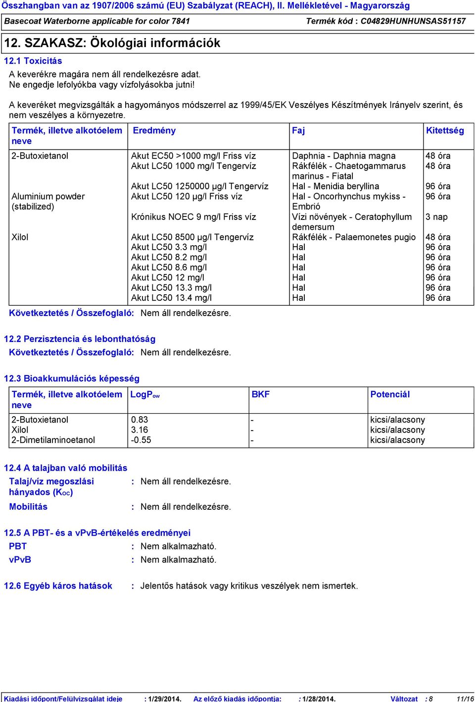 Termék kód C04829HUNHUNSAS51157 A keveréket megvizsgálták a hagyományos módszerrel az 1999/45/EK Veszélyes Készítmények Irányelv szerint, és nem veszélyes a környezetre.