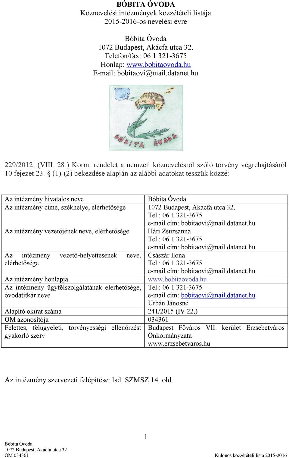()-(2) bekezdése alapján az alábbi adatokat tesszük közzé: Az intézmény hivatalos neve Az intézmény címe, székhelye, elérhetősége.