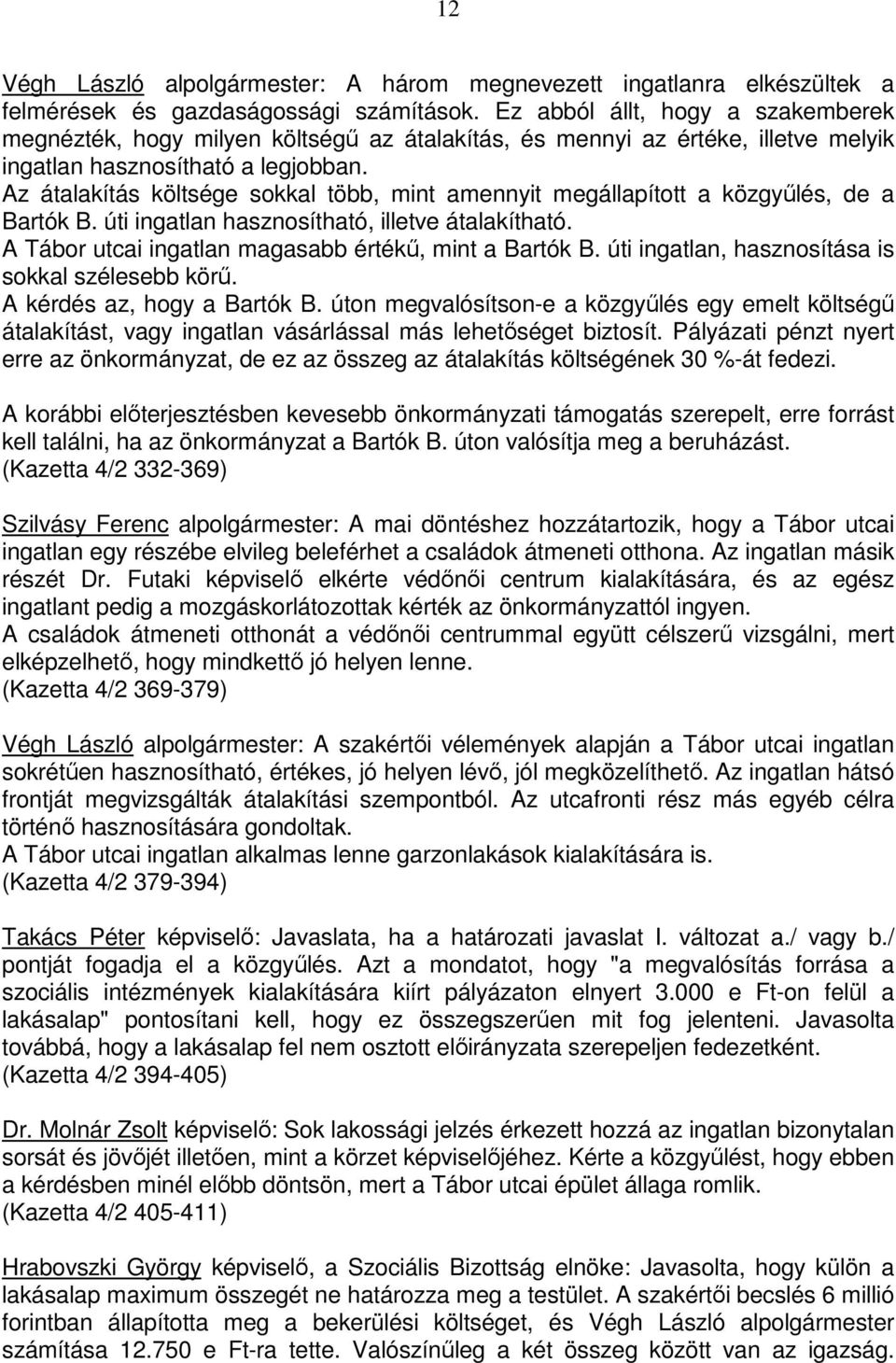 Az átalakítás költsége sokkal több, mint amennyit megállapított a közgyőlés, de a Bartók B. úti ingatlan hasznosítható, illetve átalakítható. A Tábor utcai ingatlan magasabb értékő, mint a Bartók B.