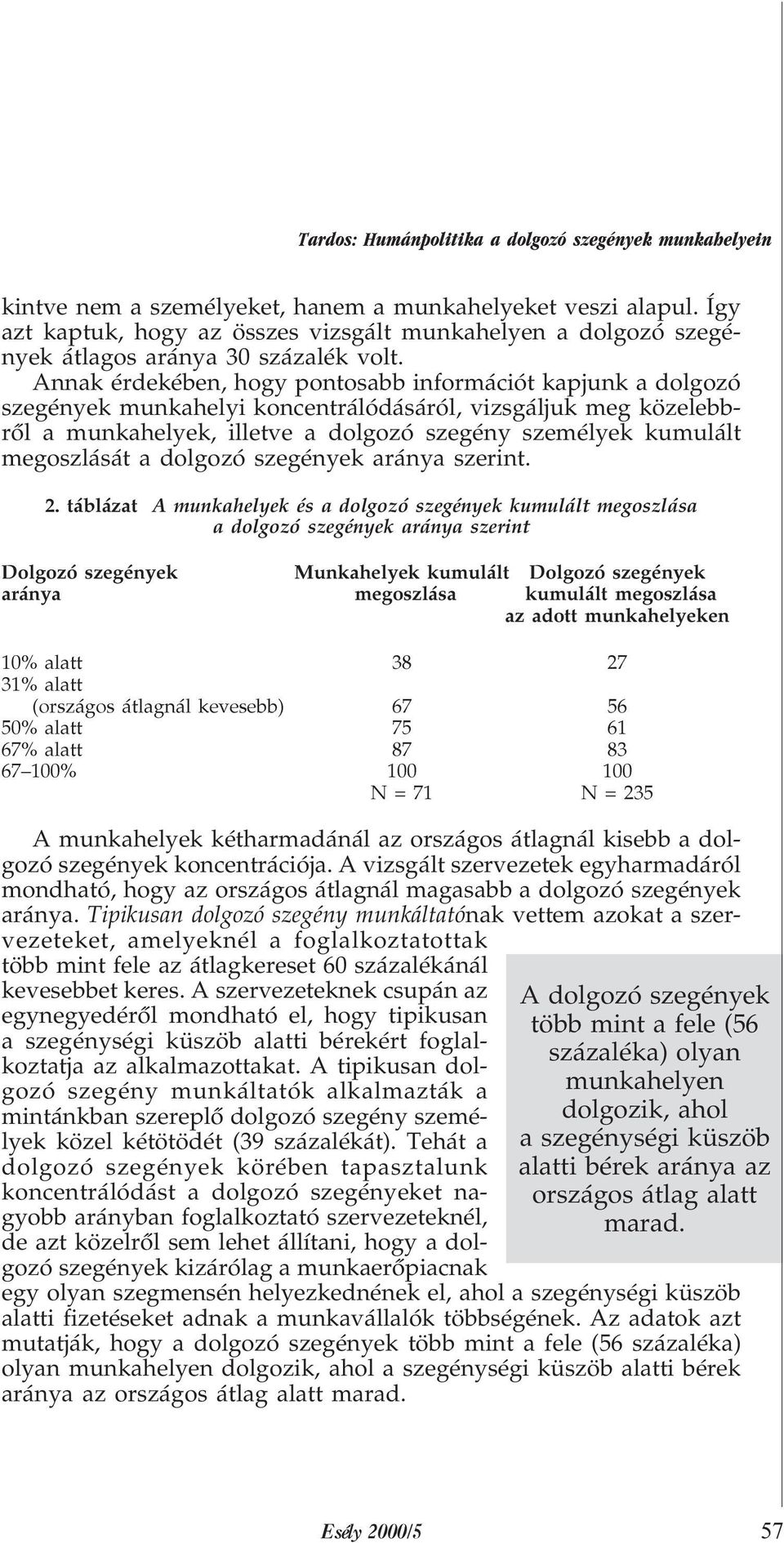 Annak érdekében, hogy pontosabb információt kapjunk a dolgozó szegények munkahelyi koncentrálódásáról, vizsgáljuk meg közelebbrõl a munkahelyek, illetve a dolgozó szegény személyek kumulált