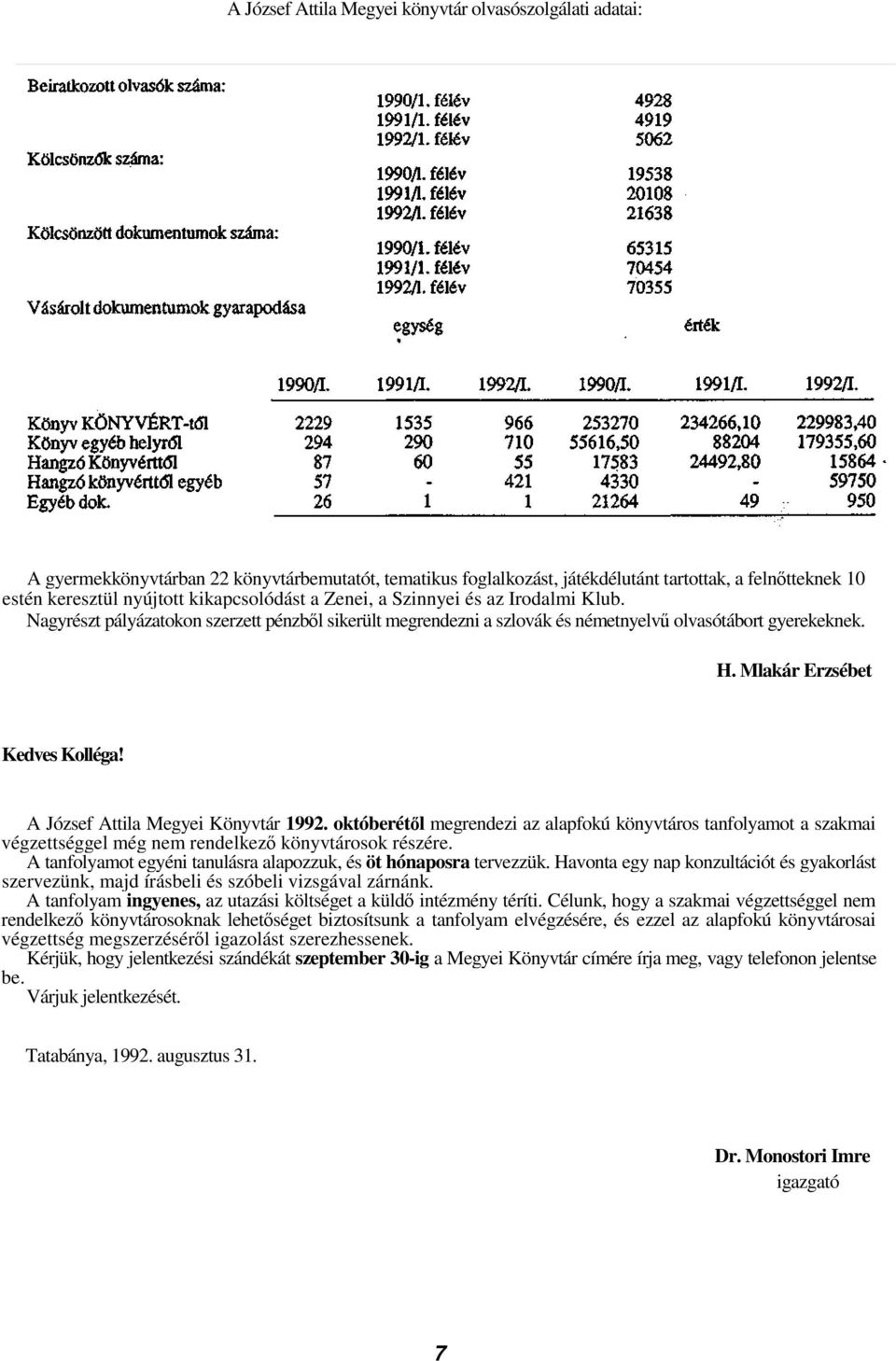 A József Attila Megyei Könyvtár 1992. októberétl megrendezi az alapfokú könyvtáros tanfolyamot a szakmai végzettséggel még nem rendelkez könyvtárosok részére.