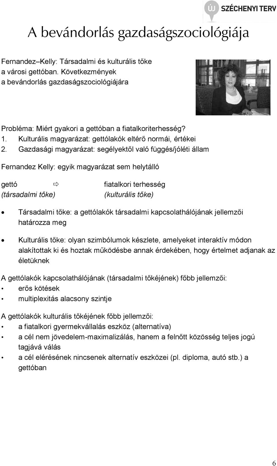 Gazdasági magyarázat: segélyektıl való függés/jóléti állam Fernandez Kelly: egyik magyarázat sem helytálló gettó fiatalkori terhesség (társadalmi tıke) (kulturális tıke) Társadalmi tıke: a gettólakók