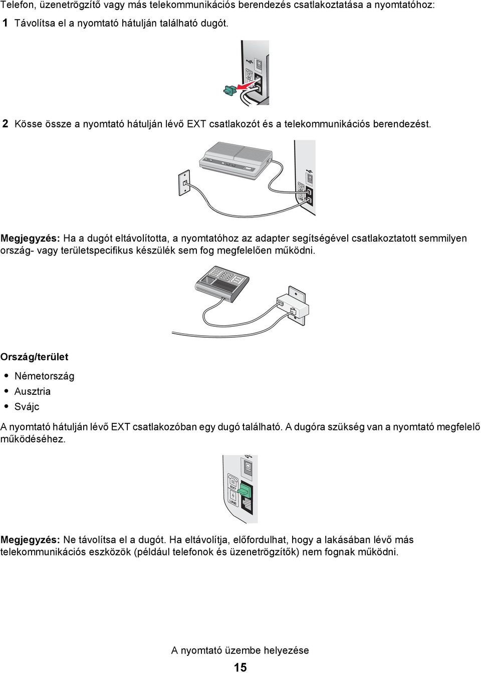 Megjegyzés: Ha a dugót eltávolította, a nyomtatóhoz az adapter segítségével csatlakoztatott semmilyen ország- vagy területspecifikus készülék sem fog megfelelően működni.