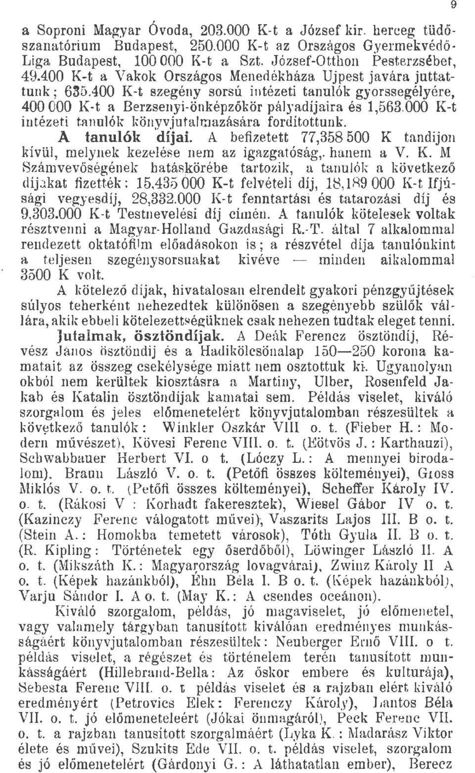 000 K-t intézeti tanujók köhyvjutah:nazására fordítottunk. A tanuók díjai. A befizetett 77,358 500 K tandijon kívü, meynek kezeére nem az igazgatóság,. hanem a V. K. M Számvevőségének hatás}rörébe tartozik, a tanujók a következő díj ;:;.