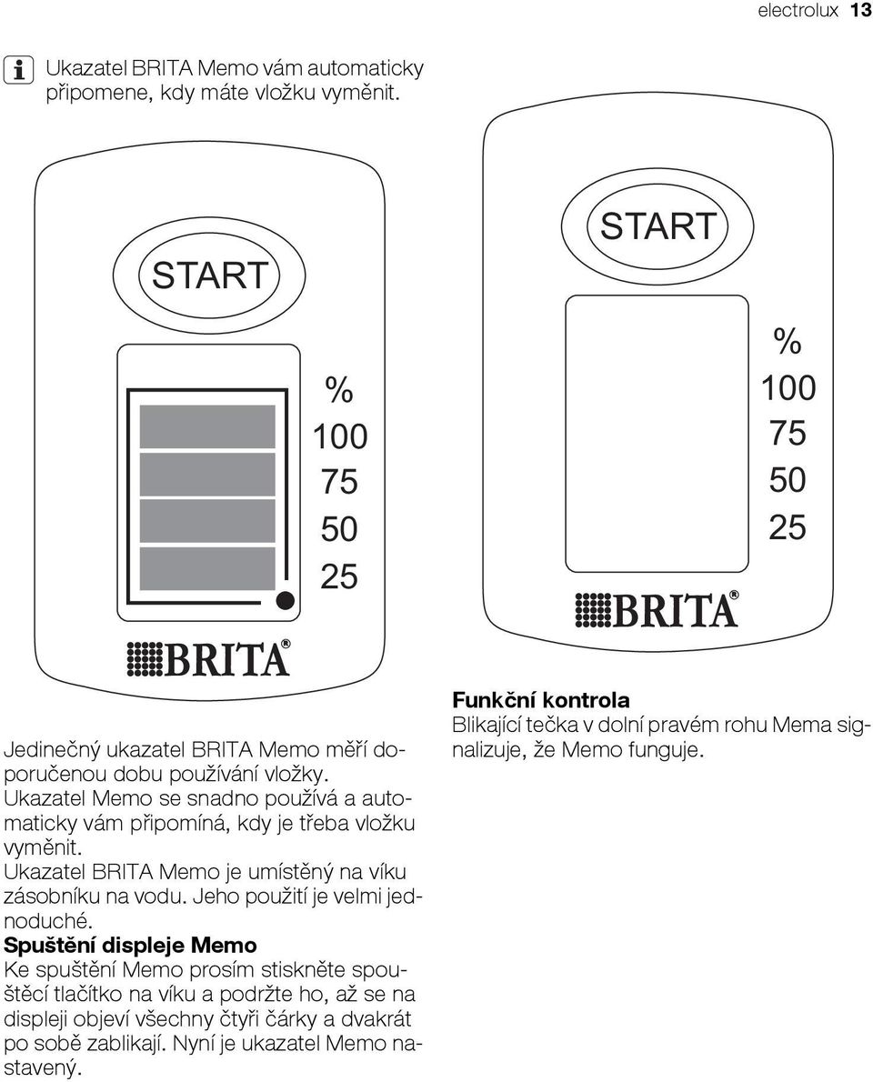 Ukazatel Memo se snadno používá a automaticky vám připomíná, kdy je třeba vložku vyměnit. Ukazatel BRITA Memo je umístěný na víku zásobníku na vodu.