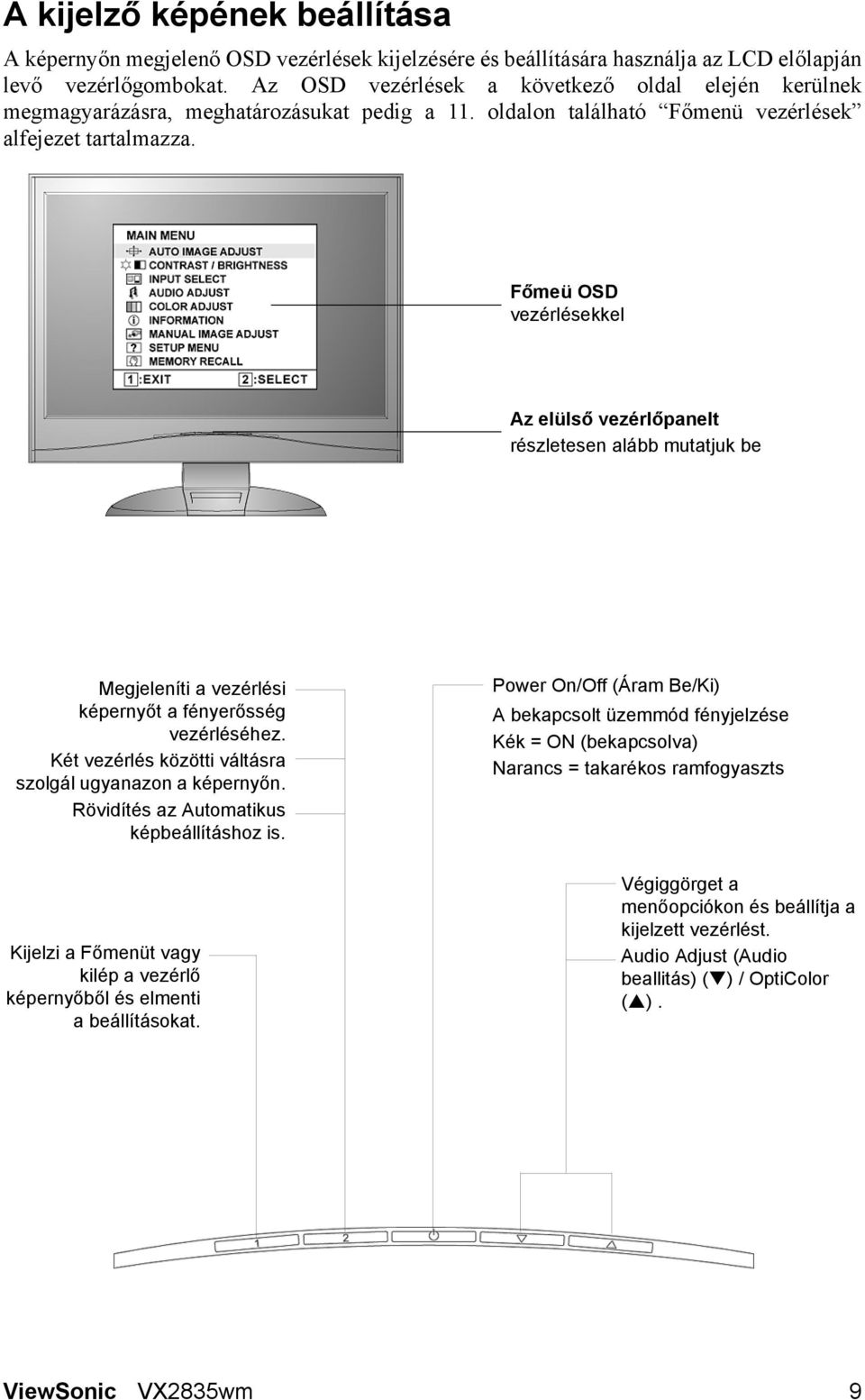 Főmeü OSD vezérlésekkel Az elülső vezérlőpanelt részletesen alább mutatjuk be Megjeleníti a vezérlési képernyőt a fényerősség vezérléséhez. Két vezérlés közötti váltásra szolgál ugyanazon a képernyőn.