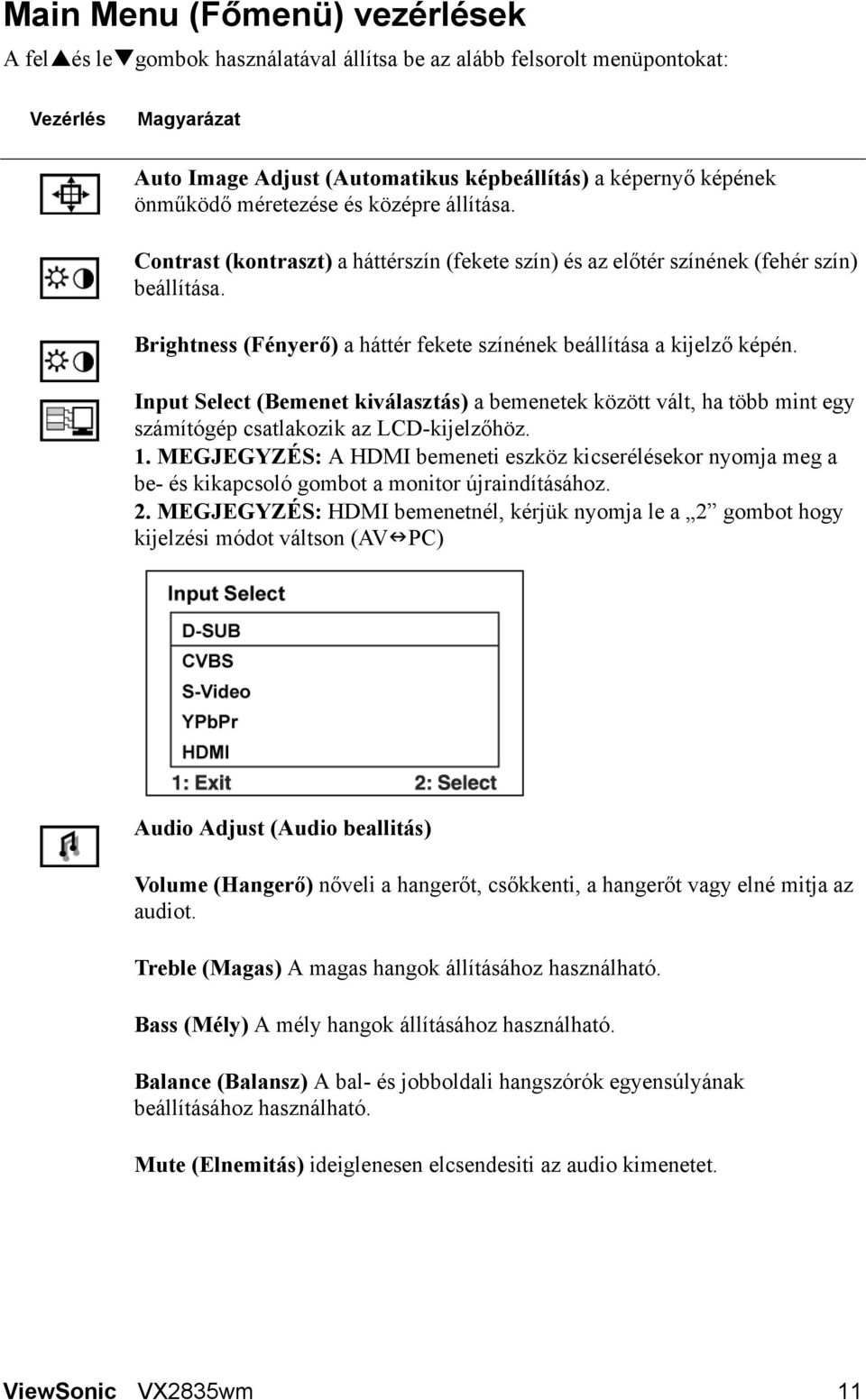 Input Select (Bemenet kiválasztás) a bemenetek között vált, ha több mint egy számítógép csatlakozik az LCD-kijelzőhöz. 1.