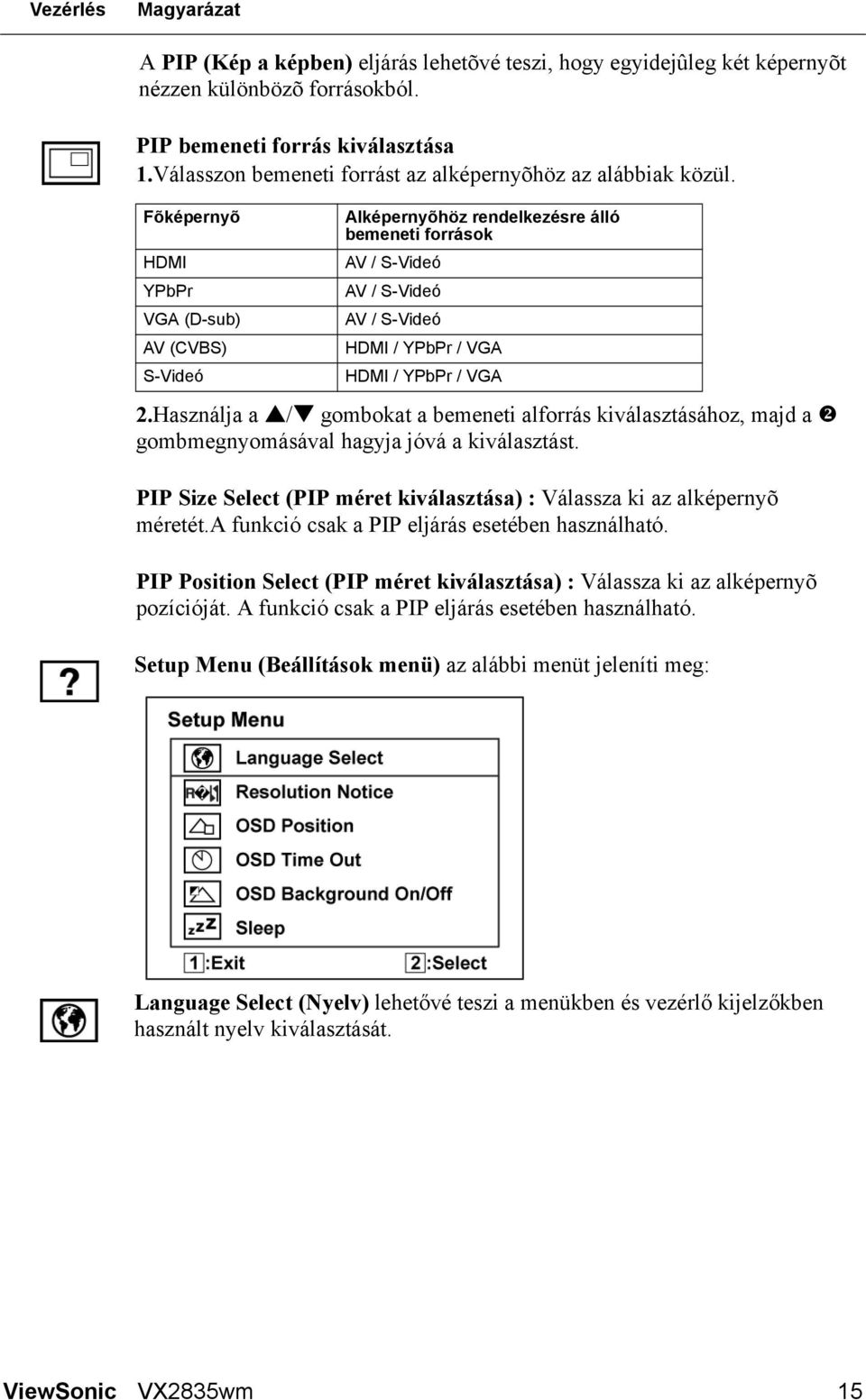 Fõképernyõ HDMI YPbPr VGA (D-sub) AV (CVBS) S-Videó Alképernyõhöz rendelkezésre álló bemeneti források AV / S-Videó AV / S-Videó AV / S-Videó HDMI / YPbPr / VGA HDMI / YPbPr / VGA 2.