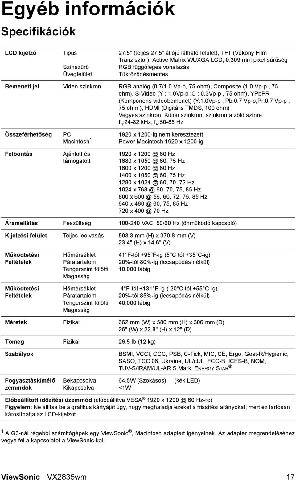 3Vp-p, 75 ohm), YPbPR (Komponens videobemenet) (Y:1.0Vp-p ; Pb:0.7 Vp-p,Pr:0.