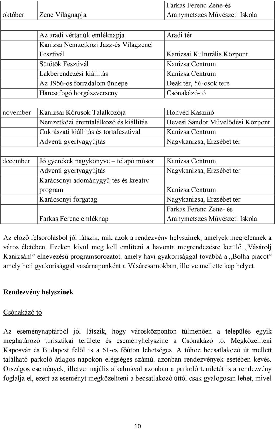 Honvéd Kaszinó Nemzetközi éremtalálkozó és kiállítás Hevesi Sándor Művelődési Központ Cukrászati kiállítás és tortafesztivál Kanizsa Centrum Adventi gyertyagyújtás Nagykanizsa, Erzsébet tér december