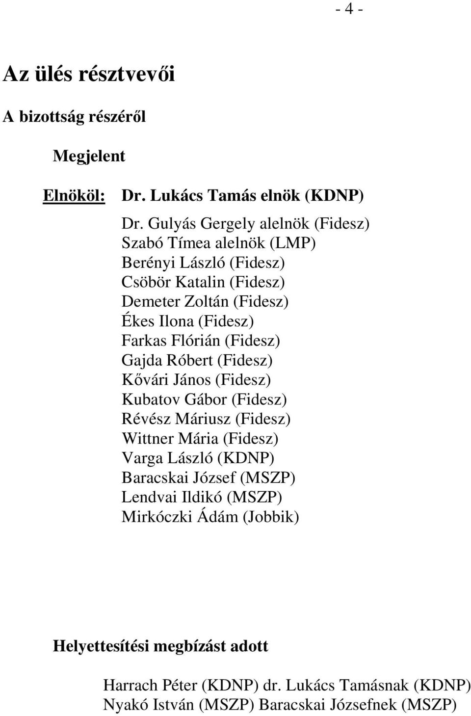 Farkas Flórián (Fidesz) Gajda Róbert (Fidesz) Kővári János (Fidesz) Kubatov Gábor (Fidesz) Révész Máriusz (Fidesz) Wittner Mária (Fidesz) Varga László