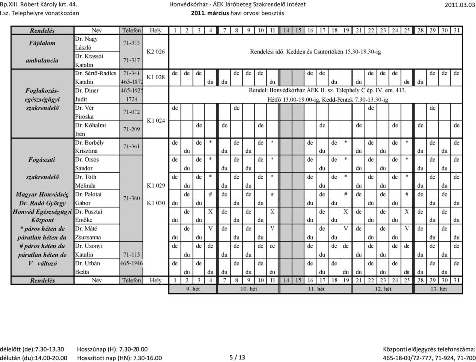egészségügyi Judit 1724 Hétfő 13.00-19.00-ig, Kedd-Péntek 7.30-13.30-ig szakrendelő Dr. Vér de de de de 71-072 Piroska K1 024 Dr. Kőhalmi de de de de de de de de 71-209 Irén Dr.