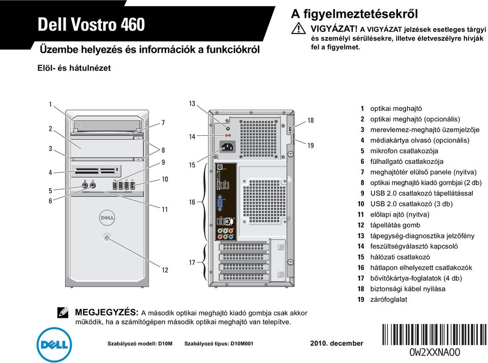 meghajtótér elülső panele (nyitva) 8 optikai meghajtó kiadó gombjai (2 db) 9 USB 2.0 csatlakozó tápellátással 10 USB 2.