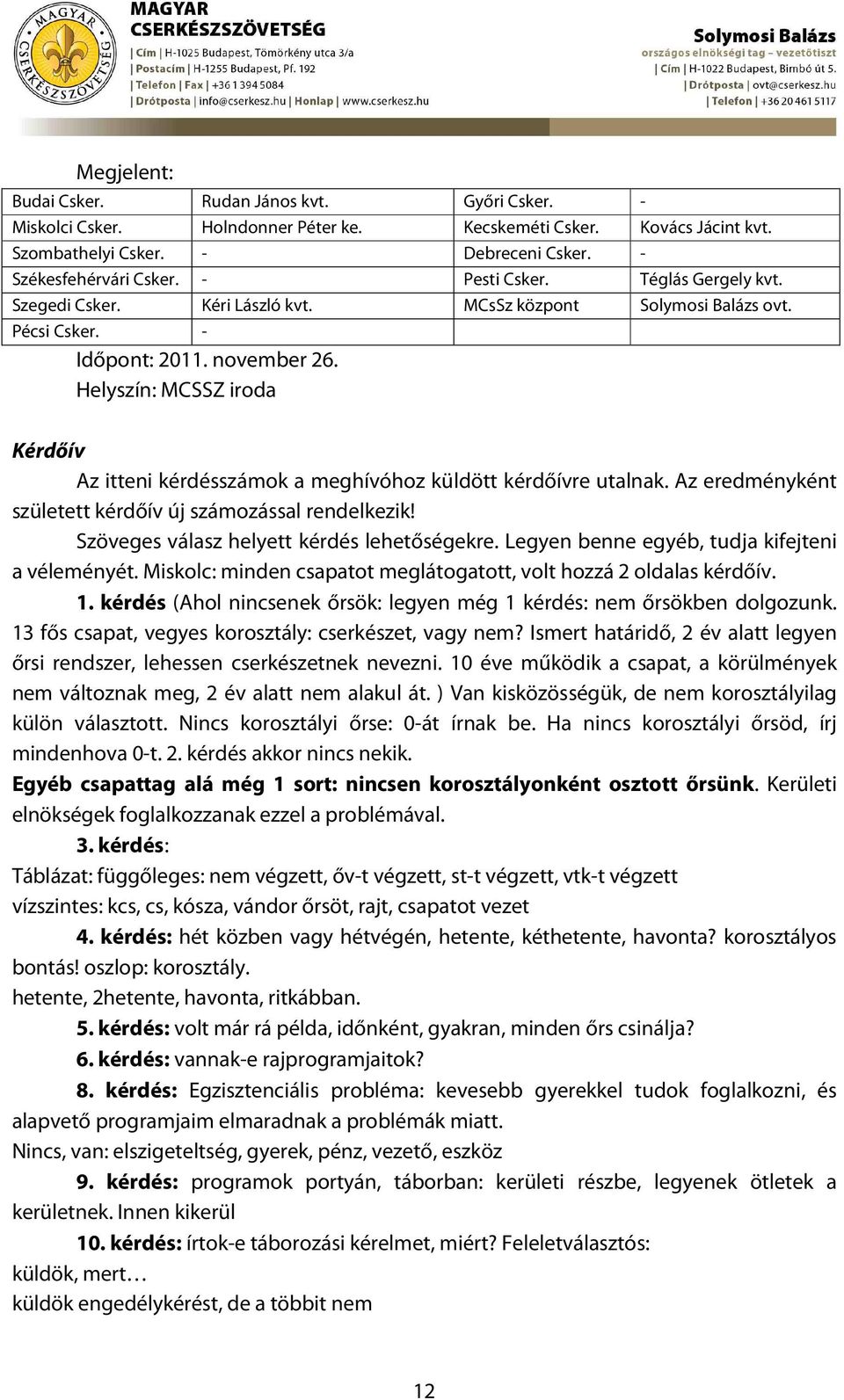 Helyszín: MCSSZ iroda Kérdőív Az itteni kérdésszámok a meghívóhoz küldött kérdőívre utalnak. Az eredményként született kérdőív új számozással rendelkezik! Szöveges válasz helyett kérdés lehetőségekre.