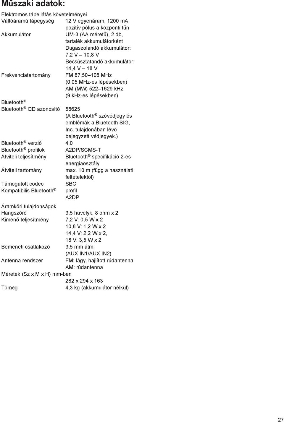 58625 (A Bluetooth szóvédjegy és emblémák Bluetooth SIG, Inc. tuljdonábn lév bejegyzett védjegyek.) Bluetooth verzió 4.