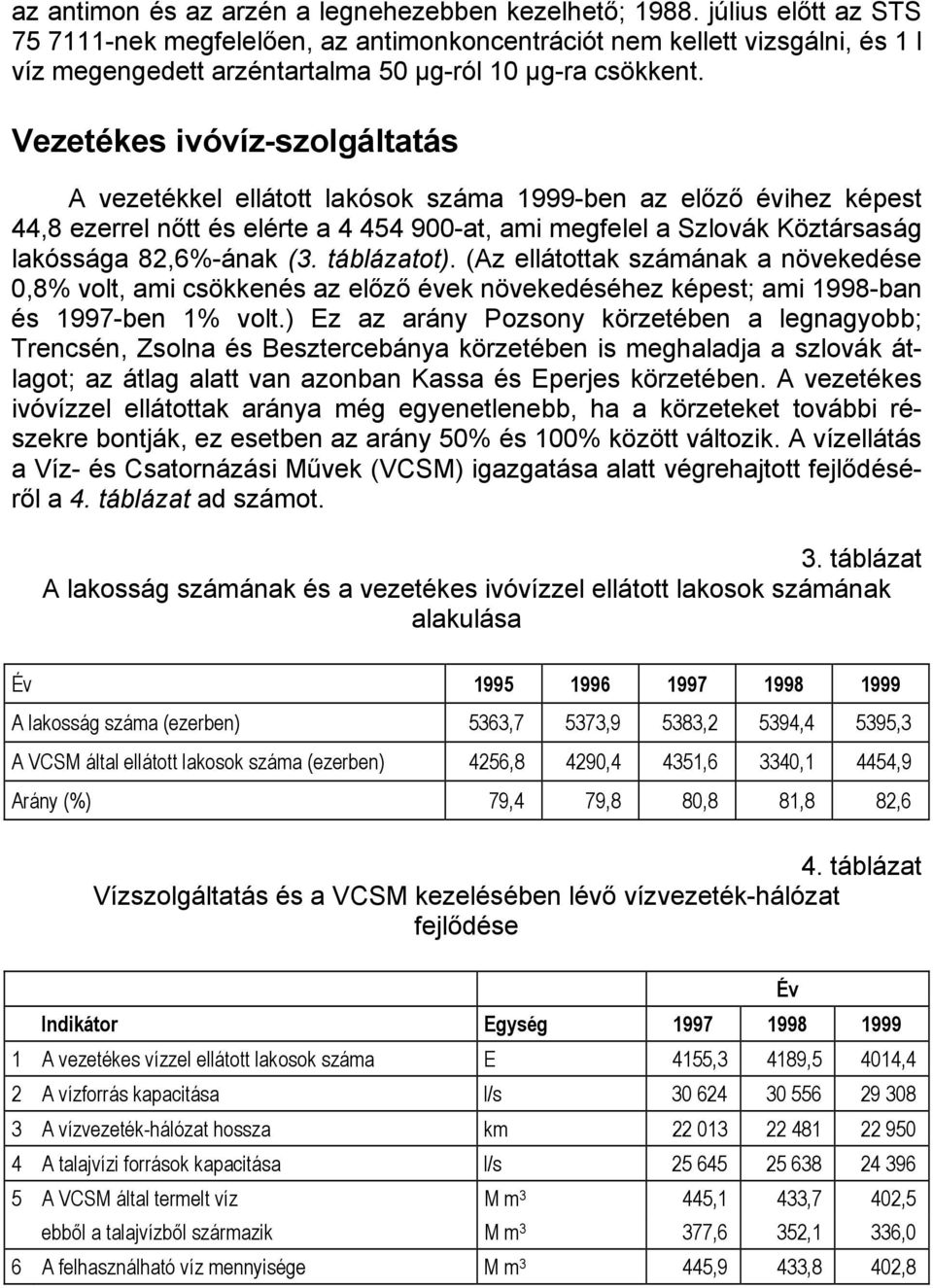 Vezetékes ivóvíz-szolgáltatás A vezetékkel ellátott lakósok száma 1999-ben az előző évihez képest 44,8 ezerrel nőtt és elérte a 4 454 900-at, ami megfelel a Szlovák Köztársaság lakóssága 82,6%-ának