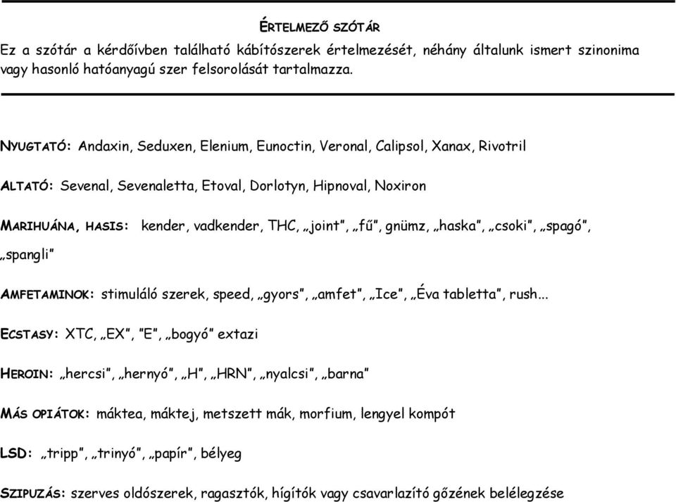 THC, joint, fű, gnümz, haska, csoki, spagó, spangli AMFETAMINOK: stimuláló szerek, speed, gyors, amfet, Ice, Éva tabletta, rush.