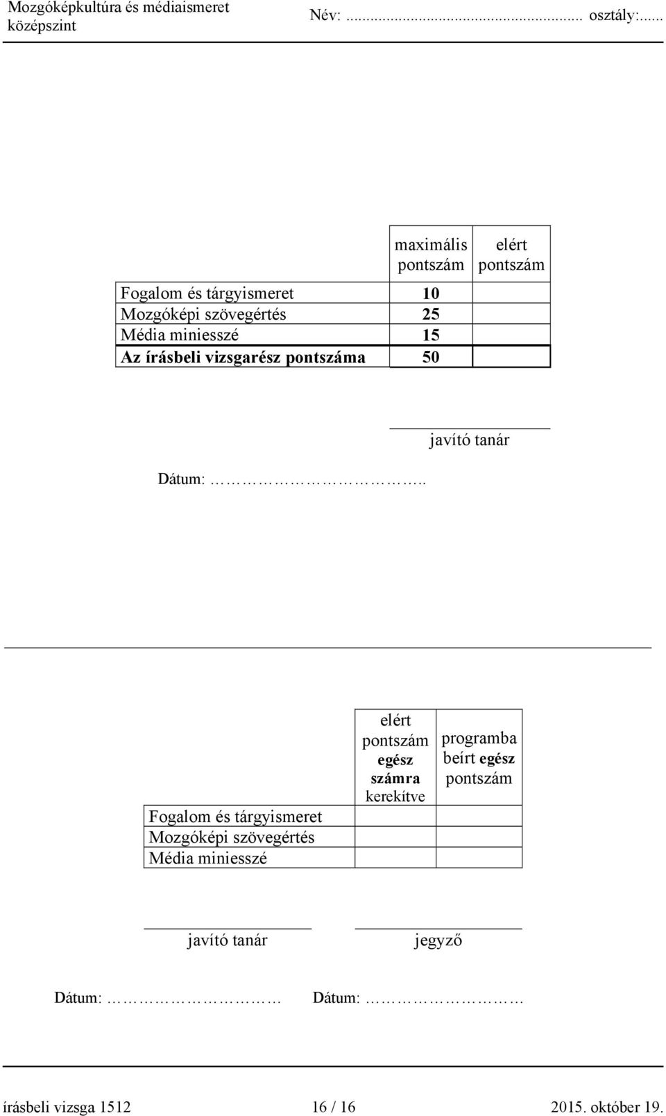 . Fogalom és tárgyismeret Mozgóképi szövegértés Média miniesszé elért pontszám egész számra