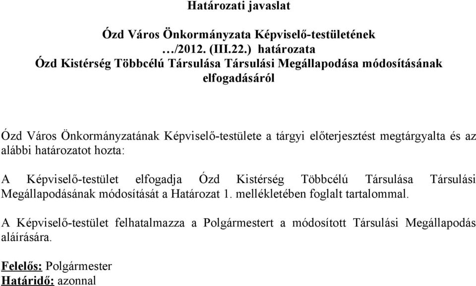 tárgyi előterjesztést megtárgyalta és az alábbi határozatot hozta: A Képviselő-testület elfogadja Ózd Kistérség Többcélú Társulása Társulási