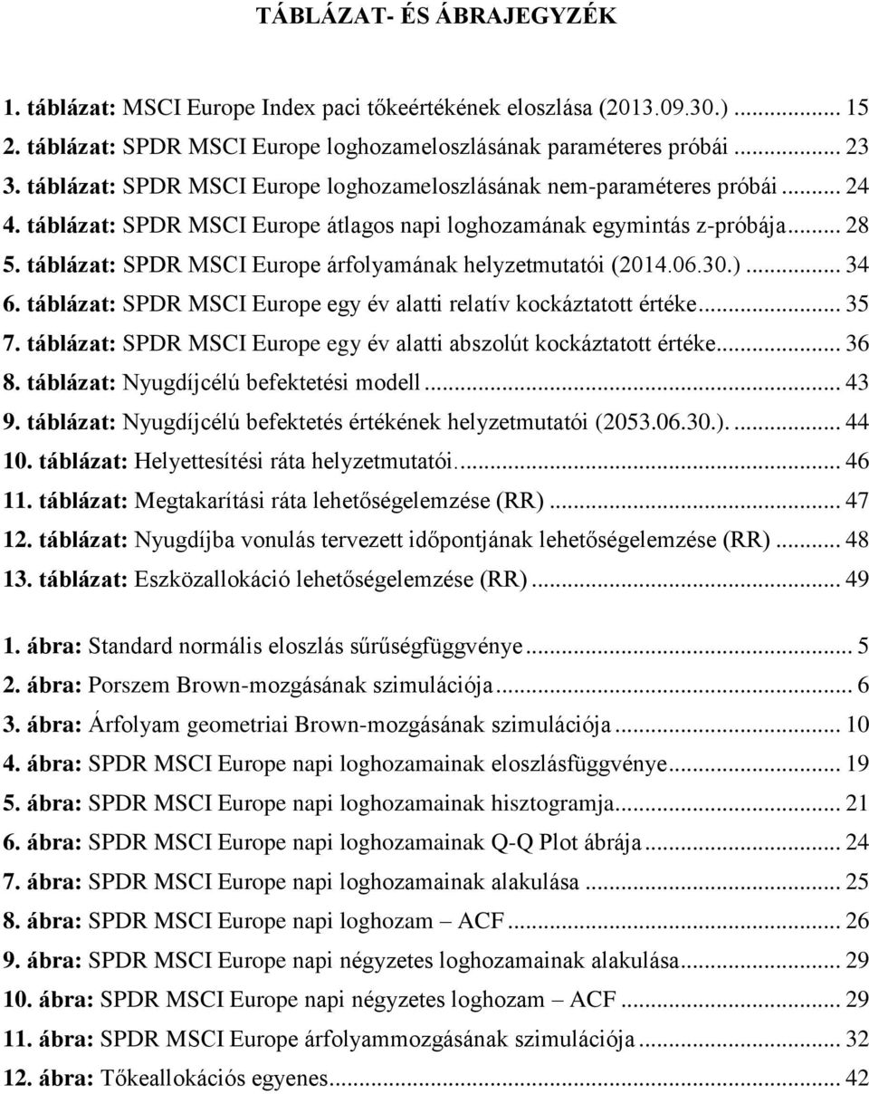 táblázat: SPDR MSCI Europe árfolyamának helyzetmutatói (2014.06.30.)... 34 6. táblázat: SPDR MSCI Europe egy év alatti relatív kockáztatott értéke... 35 7.