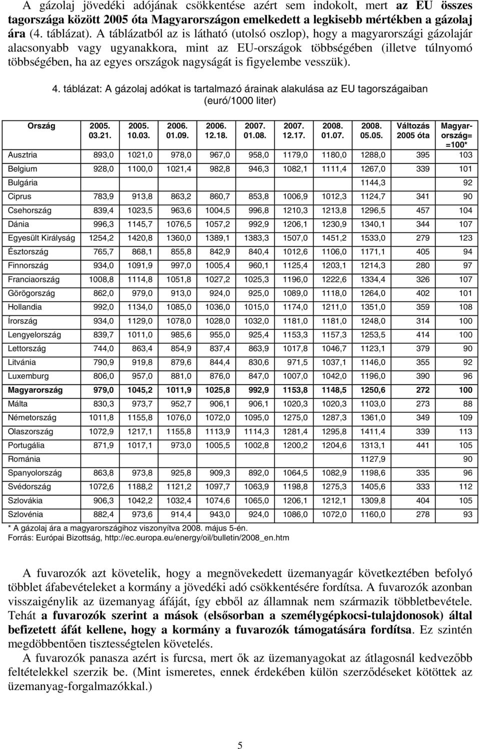 is figyelembe vesszük). 4. táblázat: A gázolaj adókat is tartalmazó árainak alakulása az EU tagországaiban (euró/1000 liter) Ország 2005. 03.21. 2005. 10.03. 2006. 01.09. 2006. 12.18. 2007. 01.08.