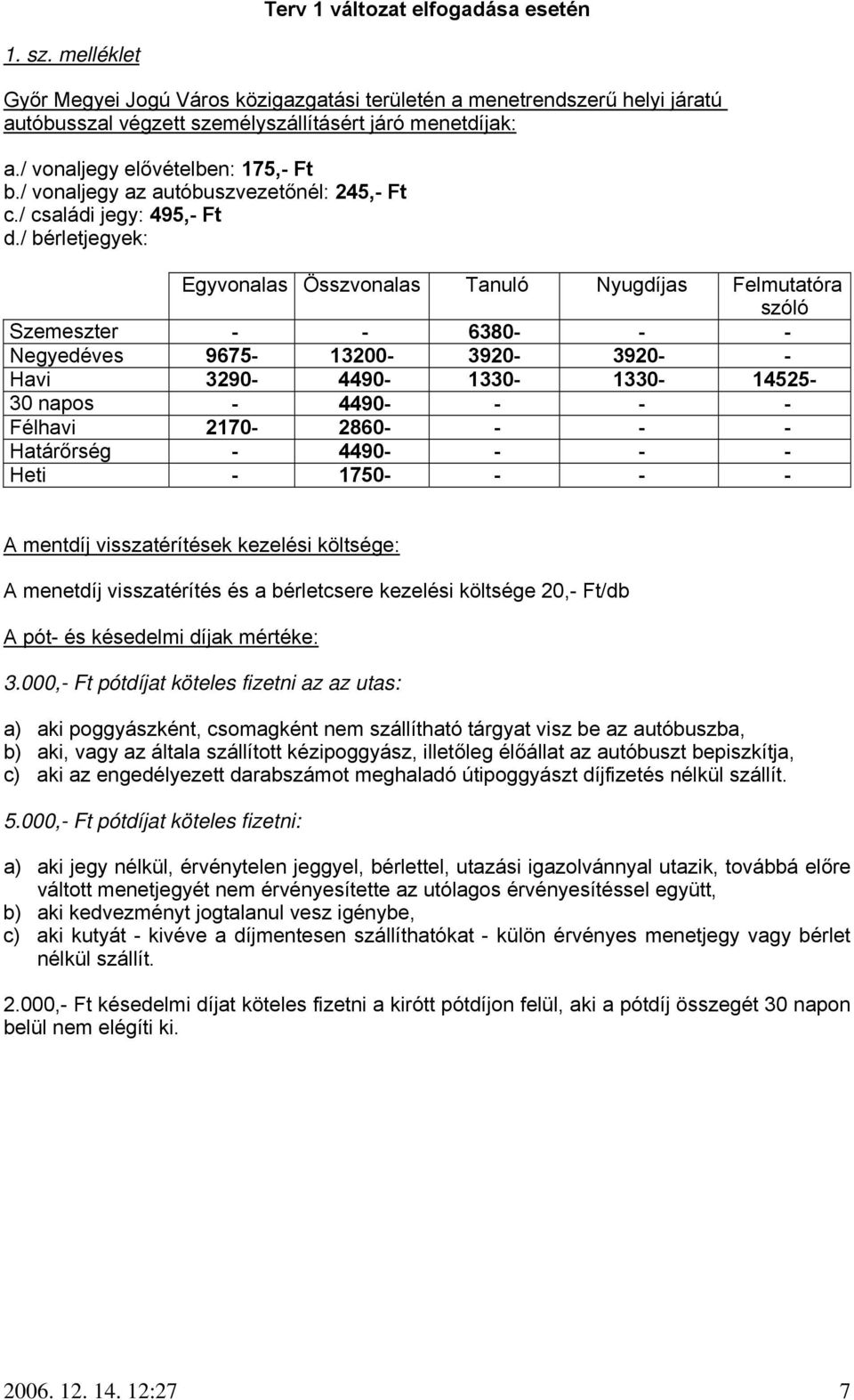 / bérletjegyek: Egyvonalas Összvonalas Tanuló Nyugdíjas Felmutatóra szóló Szemeszter - - 6380- - - Negyedéves 9675-13200- 3920-3920- - Havi 3290-4490- 1330-1330- 14525-30 napos - 4490- - - - Félhavi