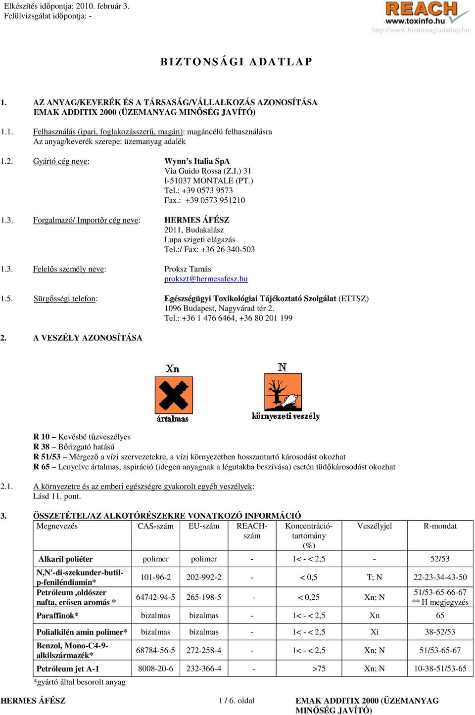 :/ Fax: +36 26 340-503 1.3. Felelıs személy neve: Proksz Tamás prokszt@hermesafesz.hu 1.5. Sürgısségi telefon: Egészségügyi Toxikológiai Tájékoztató Szolgálat (ETTSZ) 1096 Budapest, Nagyvárad tér 2.