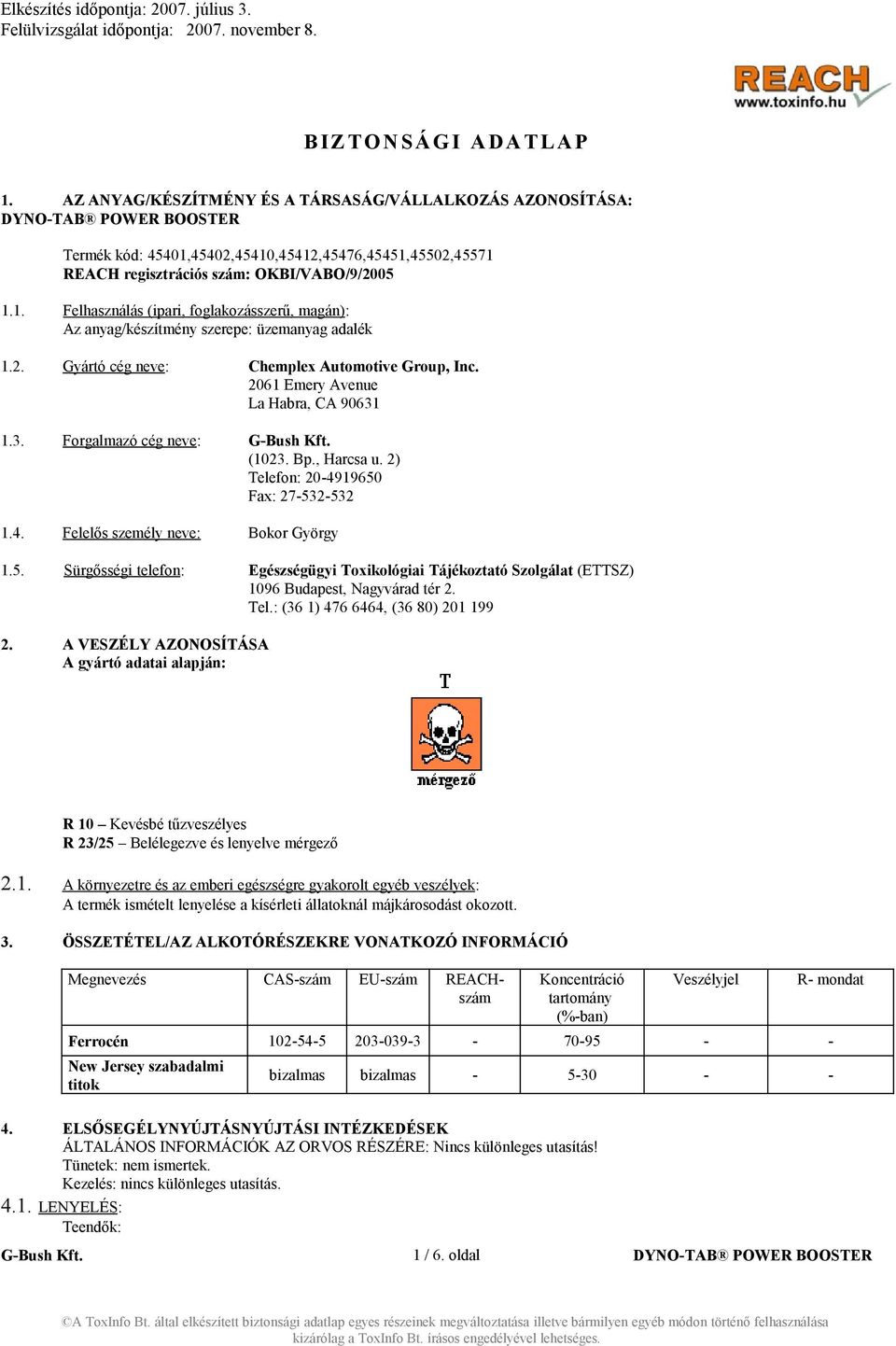 19650 Fax: 27-532-532 1.4. Felelős személy neve: Bokor György 1.5. Sürgősségi telefon: Egészségügyi Toxikológiai Tájékoztató Szolgálat (ETTSZ) 1096 Budapest, Nagyvárad tér 2. Tel.