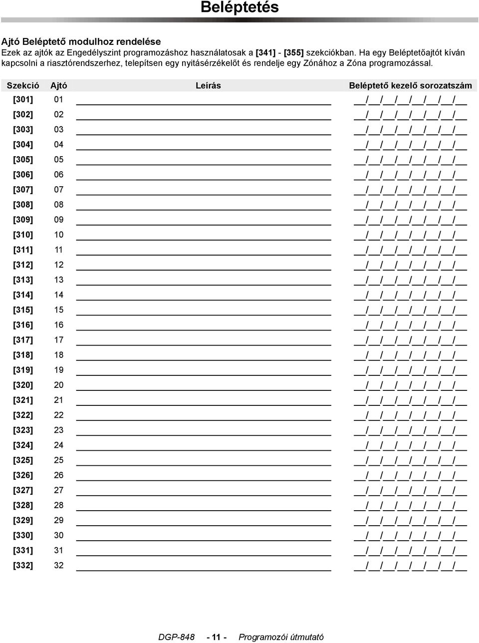 Szekció Ajtó Leírás Beléptető kezelő sorozatszám [301] 01 / / / / / / / [302] 02 / / / / / / / [303] 03 / / / / / / / [304] 04 / / / / / / / [305] 05 / / / / / / / [306] 06 / / / / / / / [307] 07 / /