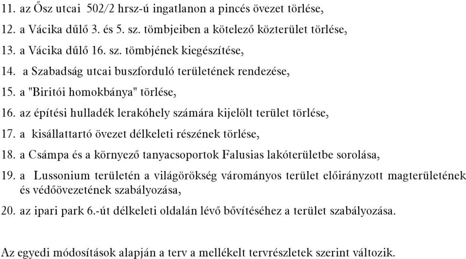 a kisállattartó övezet délkeleti részének törlése, 18. a Csámpa és a környező tanyacsoportok Falusias lakóterületbe sorolása, 19.