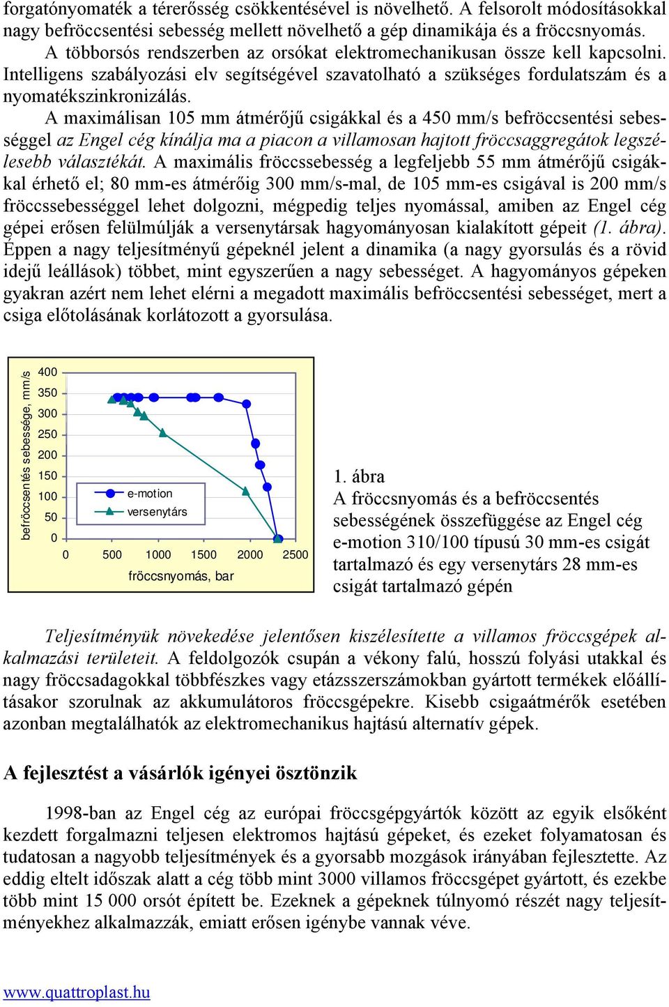 A maximálisan 105 mm átmérőjű csigákkal és a 450 mm/s befröccsentési sebességgel az Engel cég kínálja ma a piacon a villamosan hajtott fröccsaggregátok legszélesebb választékát.