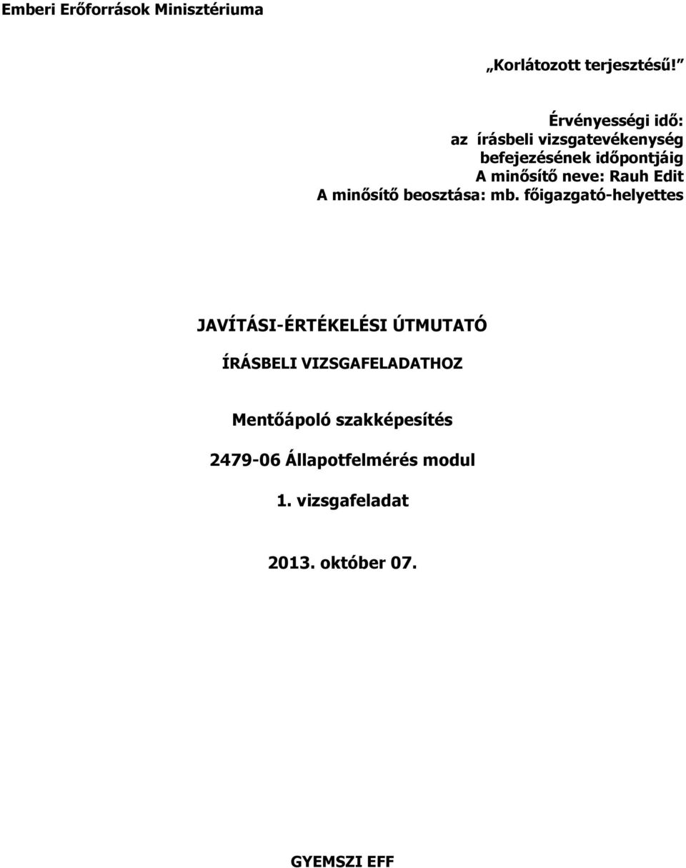 neve: Rauh Edit A minősítő beosztása: mb.