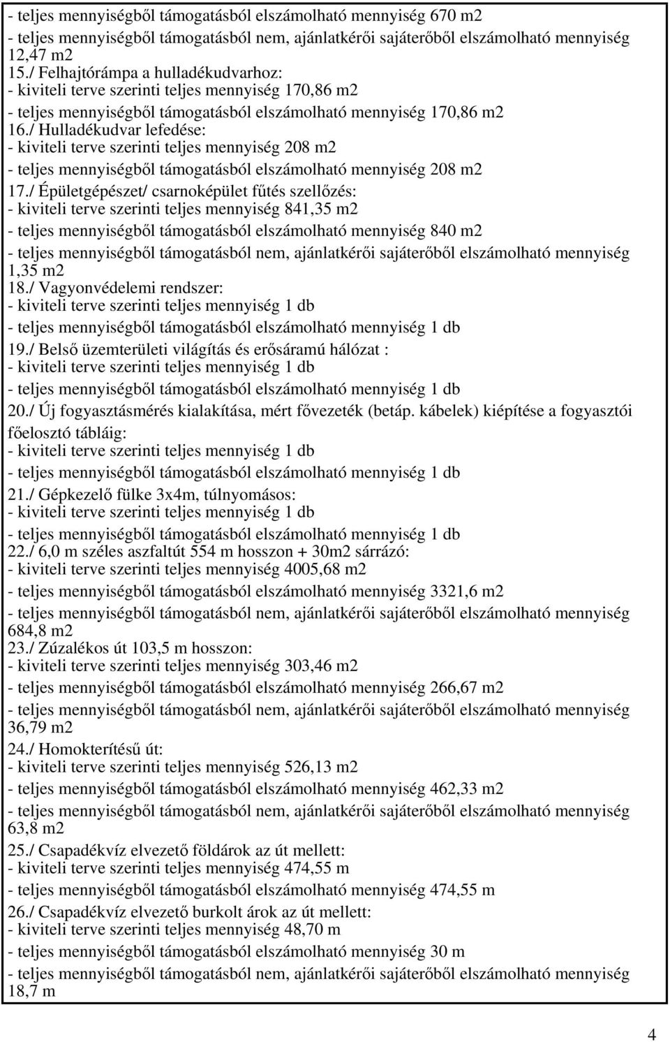 / Hulladékudvar lefedése: - kiviteli terve szerinti teljes mennyiség 208 m2 - teljes mennyiségből támogatásból elszámolható mennyiség 208 m2 17.