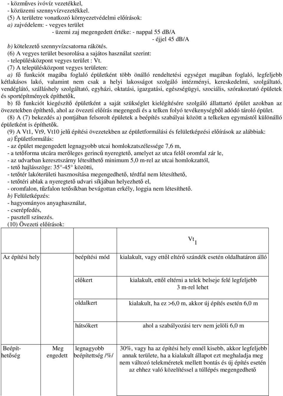 (6) A vegyes terület besorolása a sajátos használat szerint: - településközpont vegyes terület : Vt.