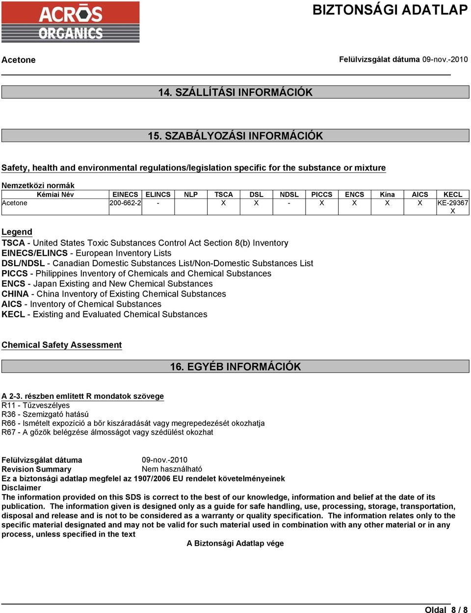 AICS KECL 200-662-2 - X X - X X X X KE-29367 X Legend TSCA - United States Toxic Substances Control Act Section 8(b) Inventory EINECS/ELINCS - European Inventory Lists DSL/NDSL - Canadian Domestic