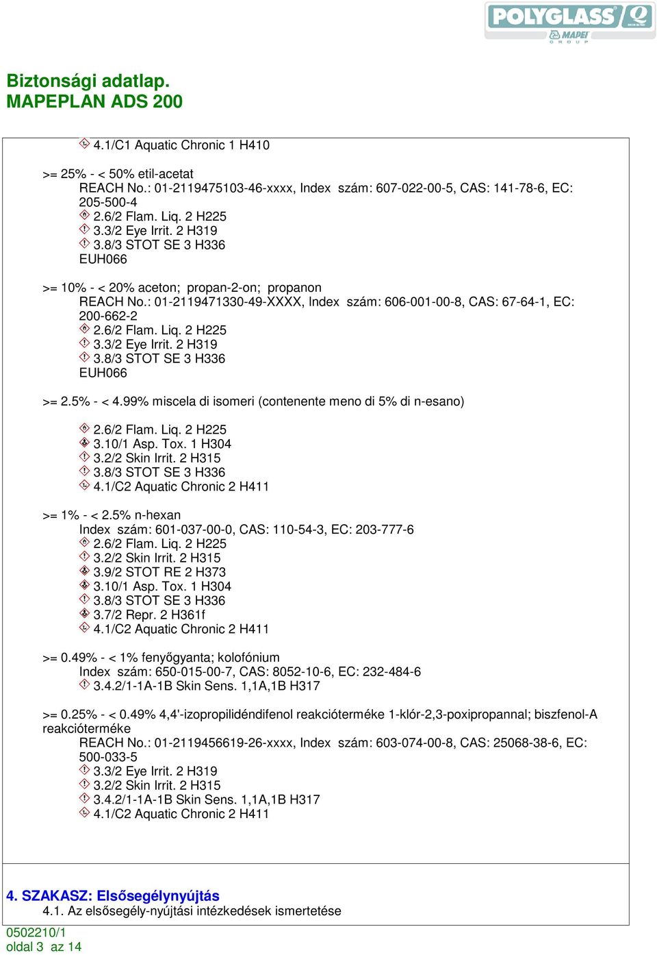 2 H319 3.8/3 STOT SE 3 H336 EUH066 >= 2.5% - < 4.99% miscela di isomeri (contenente meno di 5% di n-esano) 2.6/2 Flam. Liq. 2 H225 3.10/1 Asp. Tox. 1 H304 3.2/2 Skin Irrit. 2 H315 3.