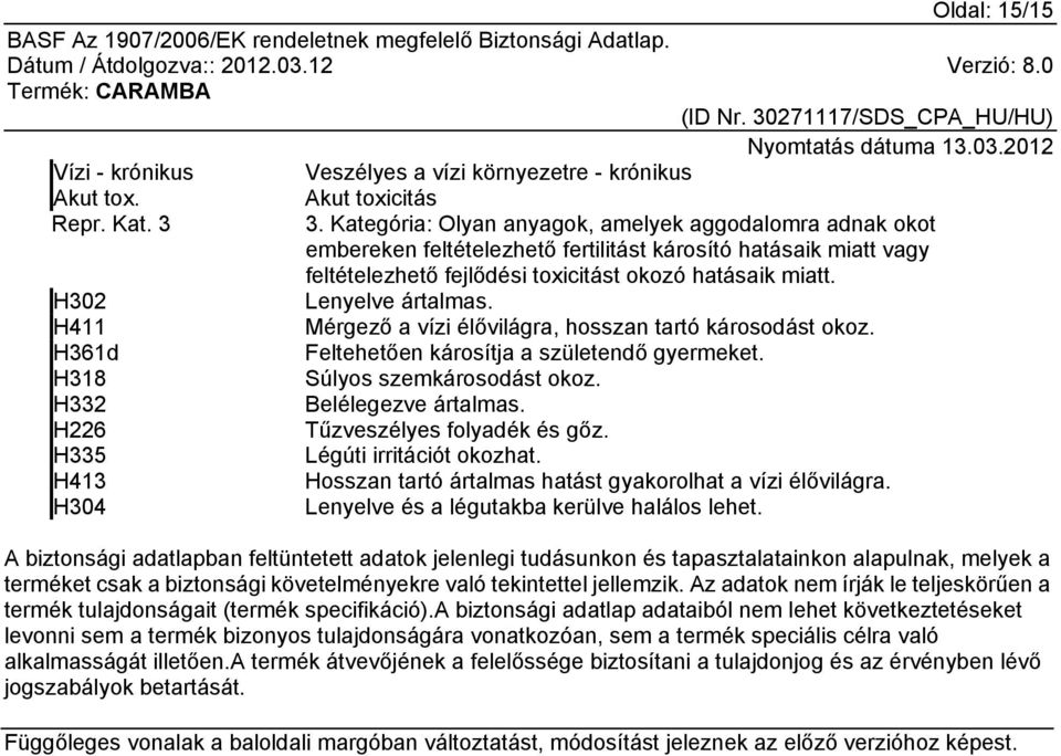 H302 Lenyelve ártalmas. H411 Mérgező a vízi élővilágra, hosszan tartó károsodást okoz. H361d Feltehetően károsítja a születendő gyermeket. H318 Súlyos szemkárosodást okoz. H332 Belélegezve ártalmas.