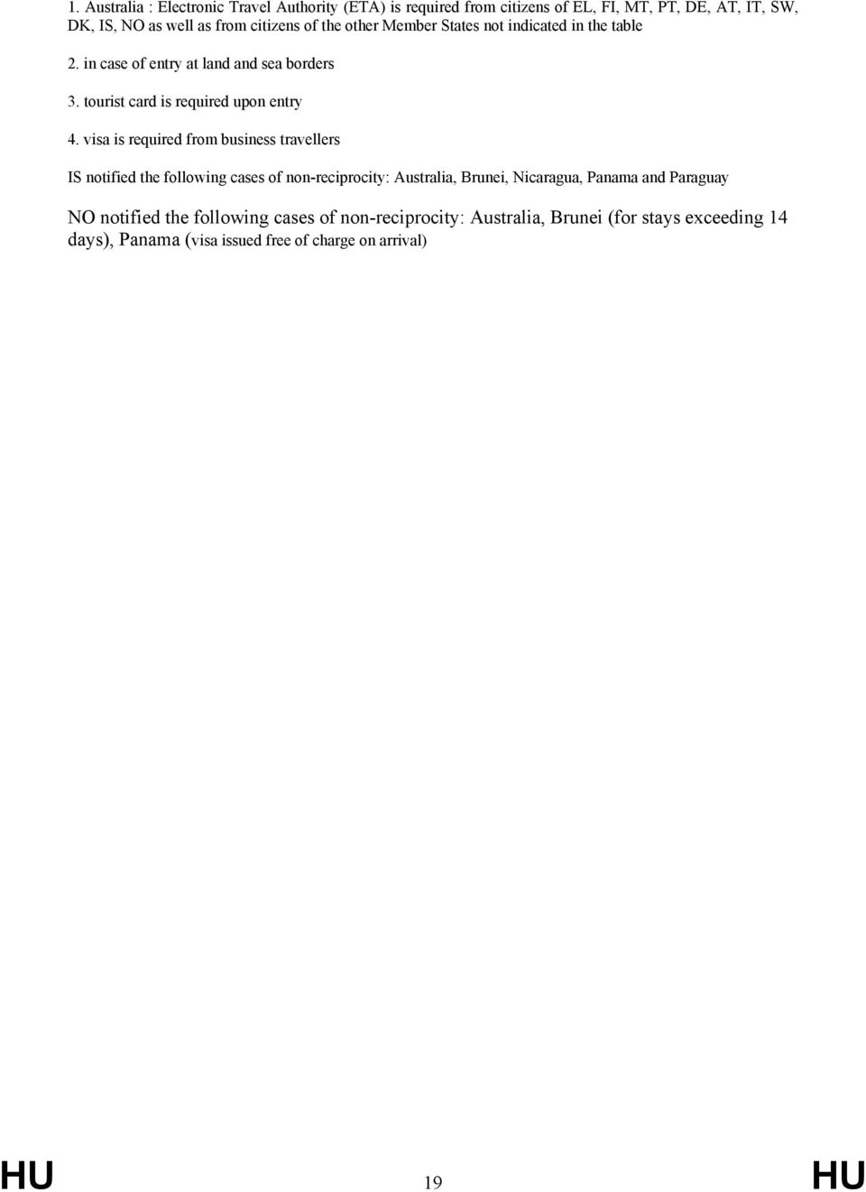 visa is required from business travellers IS notified the following cases of non-reciprocity: Australia, Brunei, Nicaragua, Panama and Paraguay NO