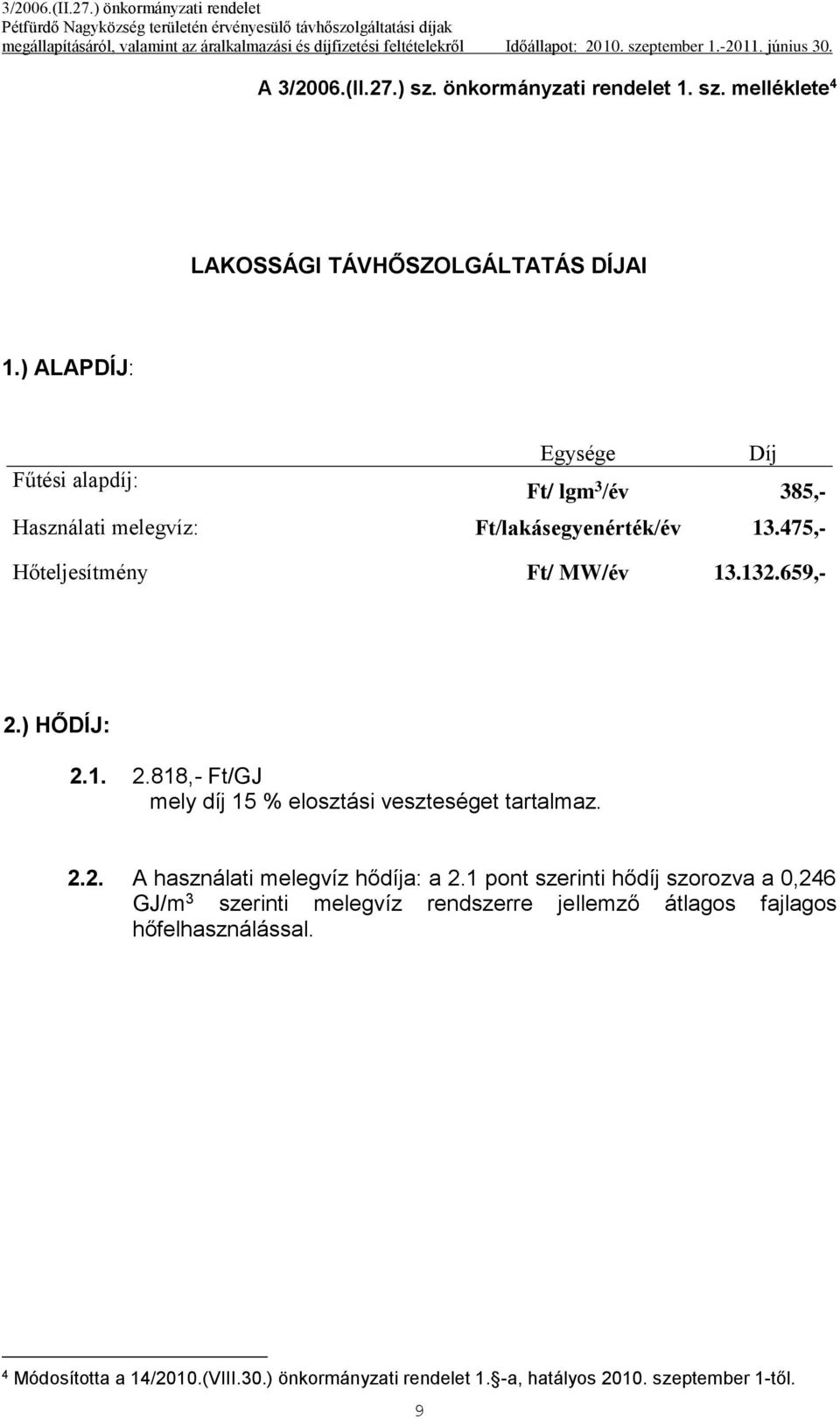 659,- 2.) HŐDÍJ: 2.1. 2.818,- Ft/GJ mely díj 15 % elosztási veszteséget tartalmaz. 2.2. A használati melegvíz hődíja: a 2.