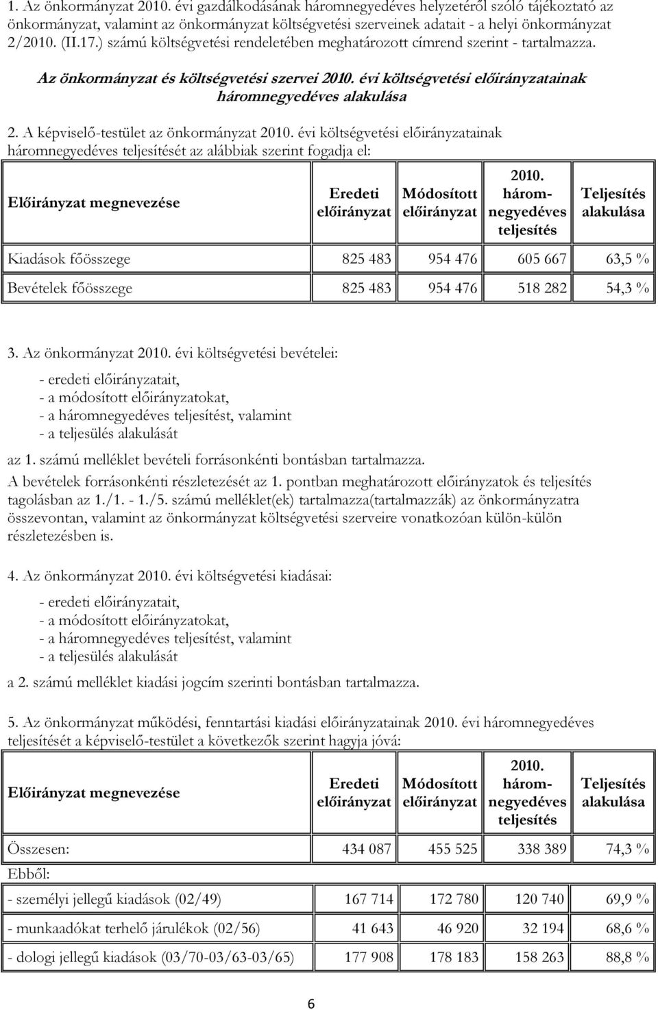 A képviselő-testület az önkormányzat 2010. évi költségvetési ainak háromnegyedéves teljesítését az alábbiak szerint fogadja el: Előirányzat megnevezése Eredeti Módosított 2010.