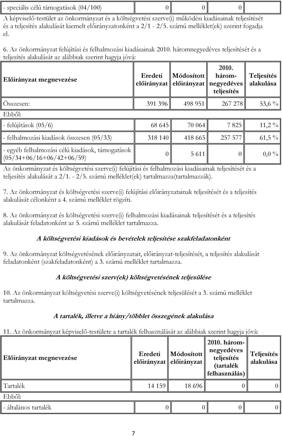 háromnegyedéves teljesítését és a teljesítés alakulását az alábbiak szerint hagyja jóvá: Előirányzat megnevezése Eredeti Módosított 2010.