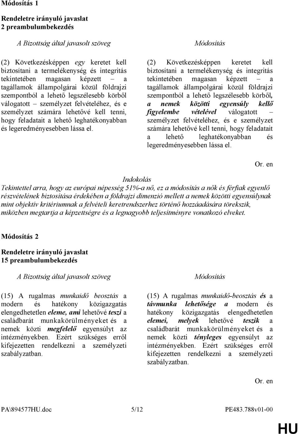 (2) Következésképpen keretet kell biztosítani a termelékenység és integritás tekintetében magasan képzett a tagállamok állampolgárai közül földrajzi szempontból a lehető legszélesebb körből, a nemek